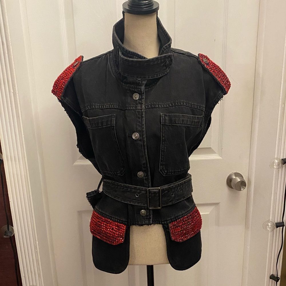 Zara Black Denim Red Crystal Embellished Vest, M